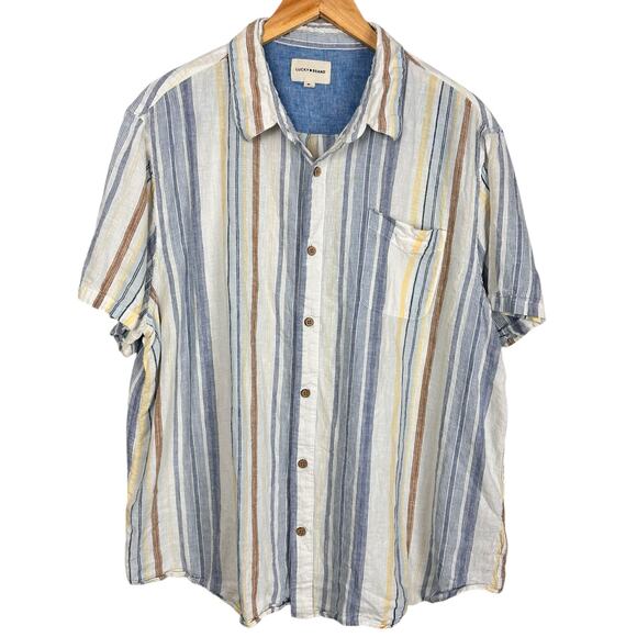 Lucky Brand Men’s Linen Blend Shirt Short Sleeve San Gabriel Blue Stripe Sz XL - Picture 2 of 9